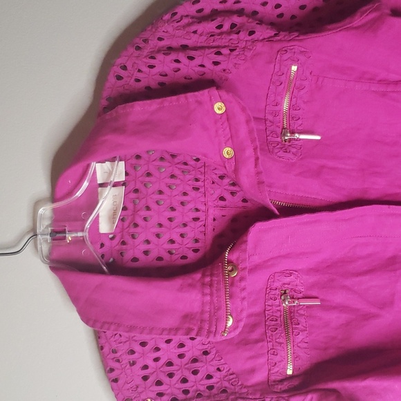 Chicos Pink Fushia 3/4 Sleeve Zip Up Linen Spring Summer Jacket Vanity Size 1 - Picture 3 of 13